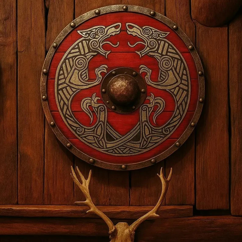 Handcrafted Red Viking Shield: Norse Wolf Design, Medieval Decor