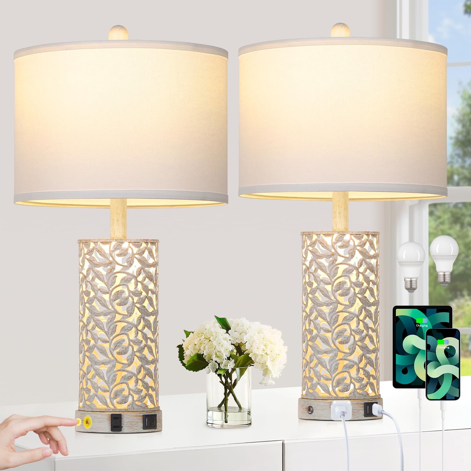 Cinkeda Morden Farmhouse Table Lamps Set of 2, Touch Control Bedside lamp wit...