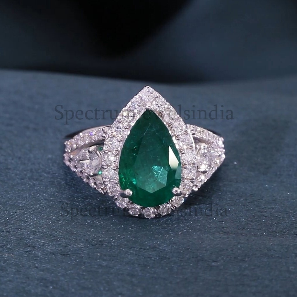 3.25Ct Zambian Emerald Ring with 1.04Ct Natural Diamond Halo 18K White Gold Ring