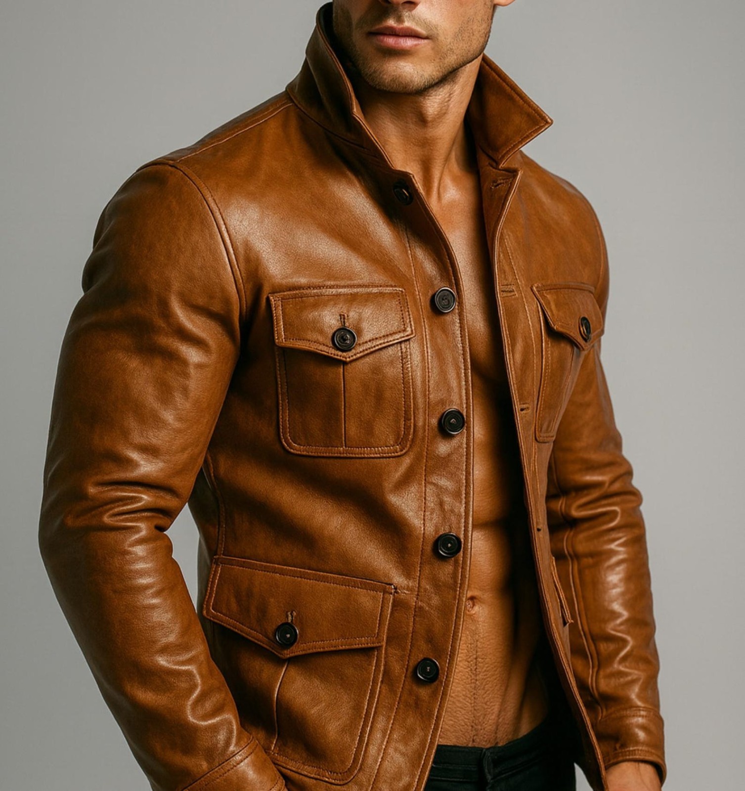 Handmade Cognac Sheep Leather Field Jacket Men\'s Safari Style Outerwear Handmade Cognac Sheep Leather Field Jacket Men\'s Safari Style Outerwear