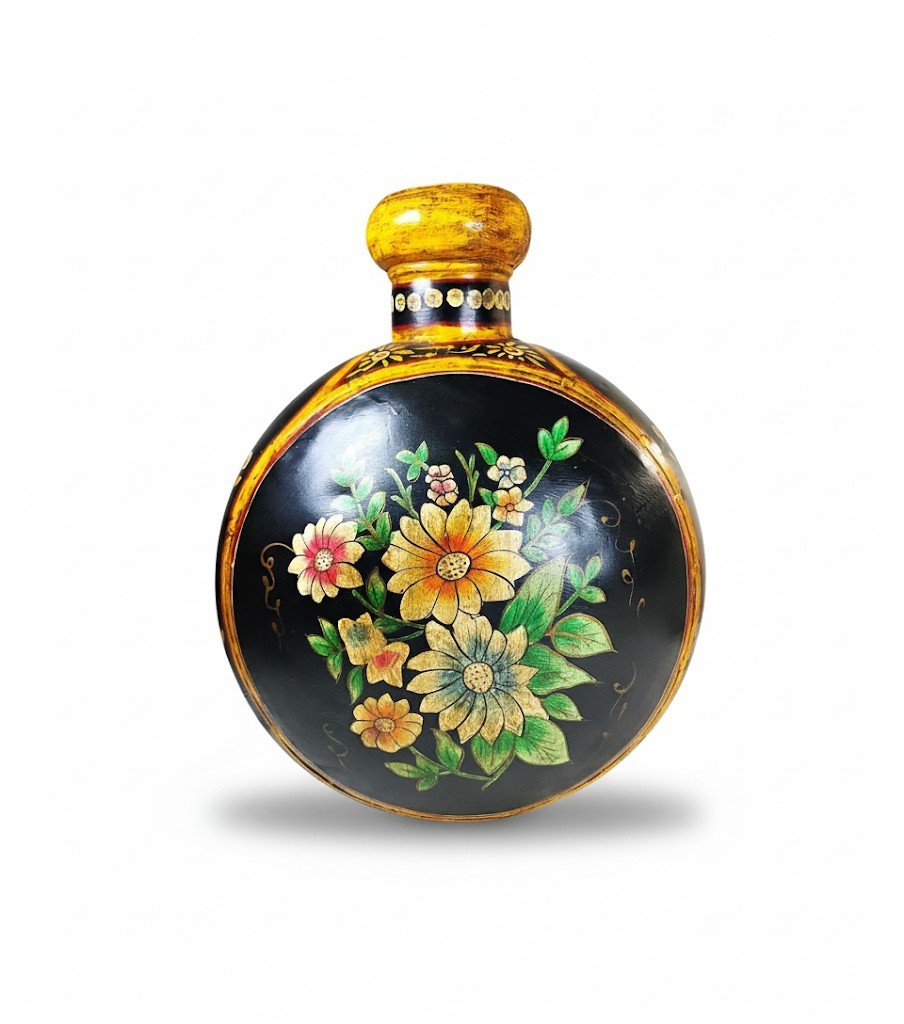 Vintage Hand Hammered Metal Indo-Raj Water Jug - Painted Black-Floral