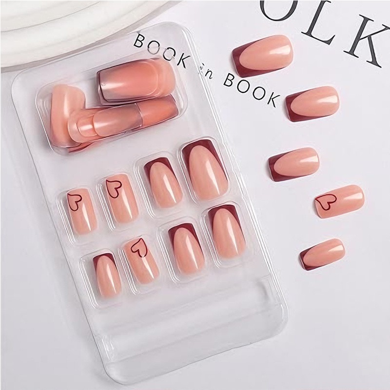 24 PCS Valentine\'s Day Press On Nails, French Tip Medium Square Wine Red Heart