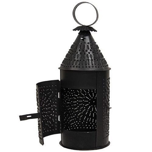 New PRIMITIVE Early Style PUNCHED TIN BLACK LANTERN CANDLE HOLDER LAMP 14\