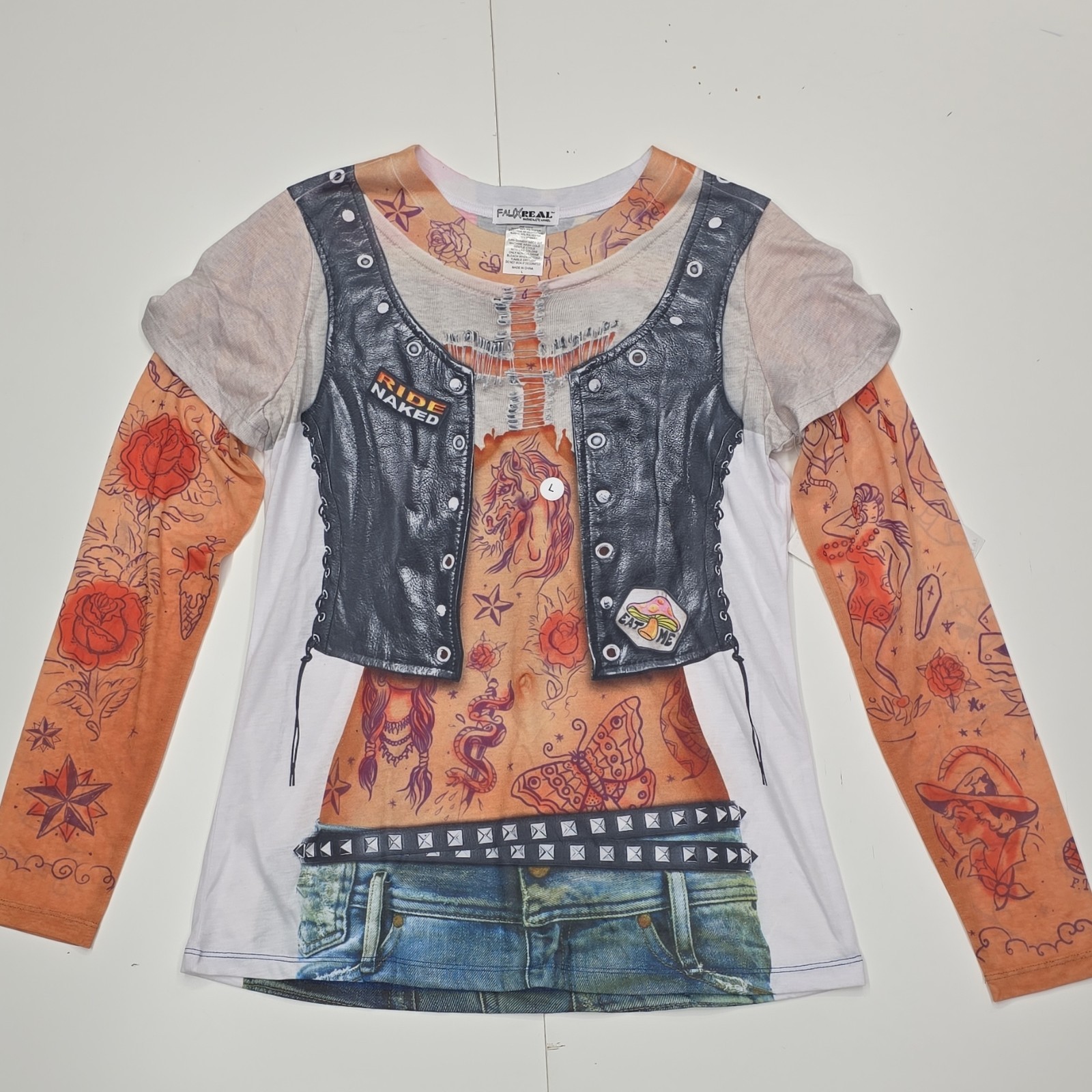 Faux Real Women’s Size L Graphic Print Biker Tattoo Scoop Neck Long Sleeve Tee