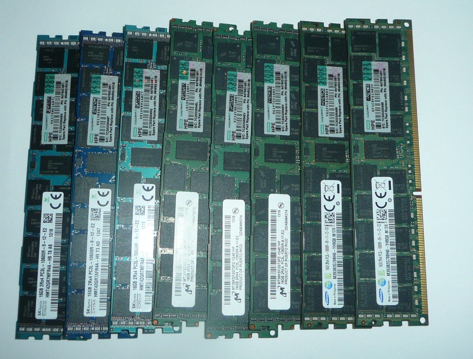 Lot of 8 16GB DDR3 PC3L-10600R Server Memory - SK Hynix Samsung Micron