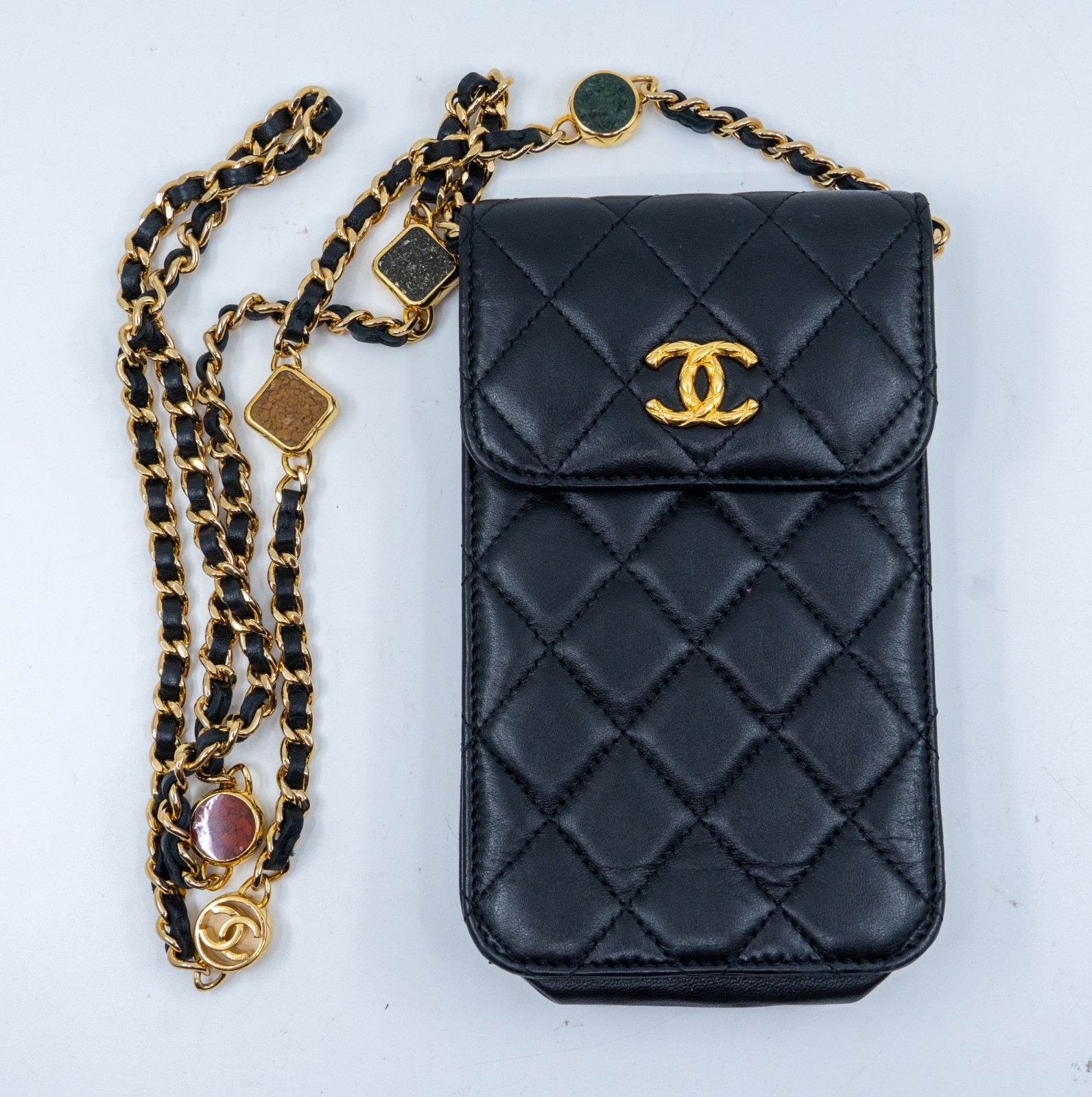 Chanel Quilted Phone Holder with Medallion Stone Inlay Chain 