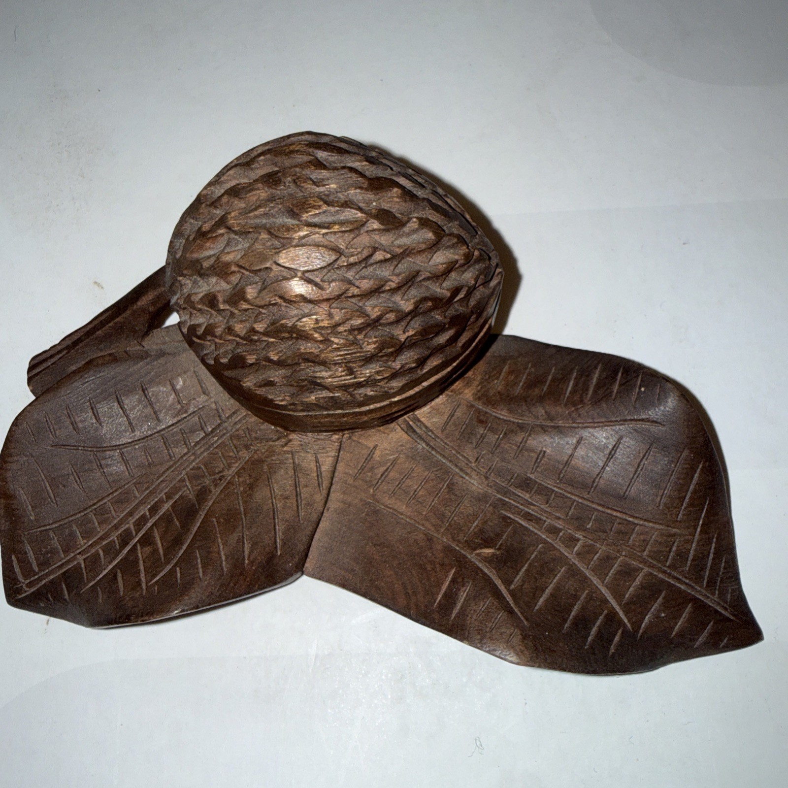 Rare Antique Folk Art Hand Carved Wood Thimble Holder Nut w Leaves 5 3/4\ Rare Antique Folk Art Hand Carved Wood Thimble Holder Nut w Leaves 5 3/4\