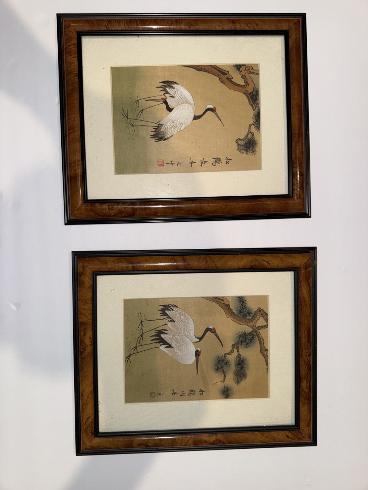 Pair Framed Hand Painted Asian Crane Bird Paintings with Calligraphy Pair Framed Hand Painted Asian Crane Bird Paintings with Calligraphy