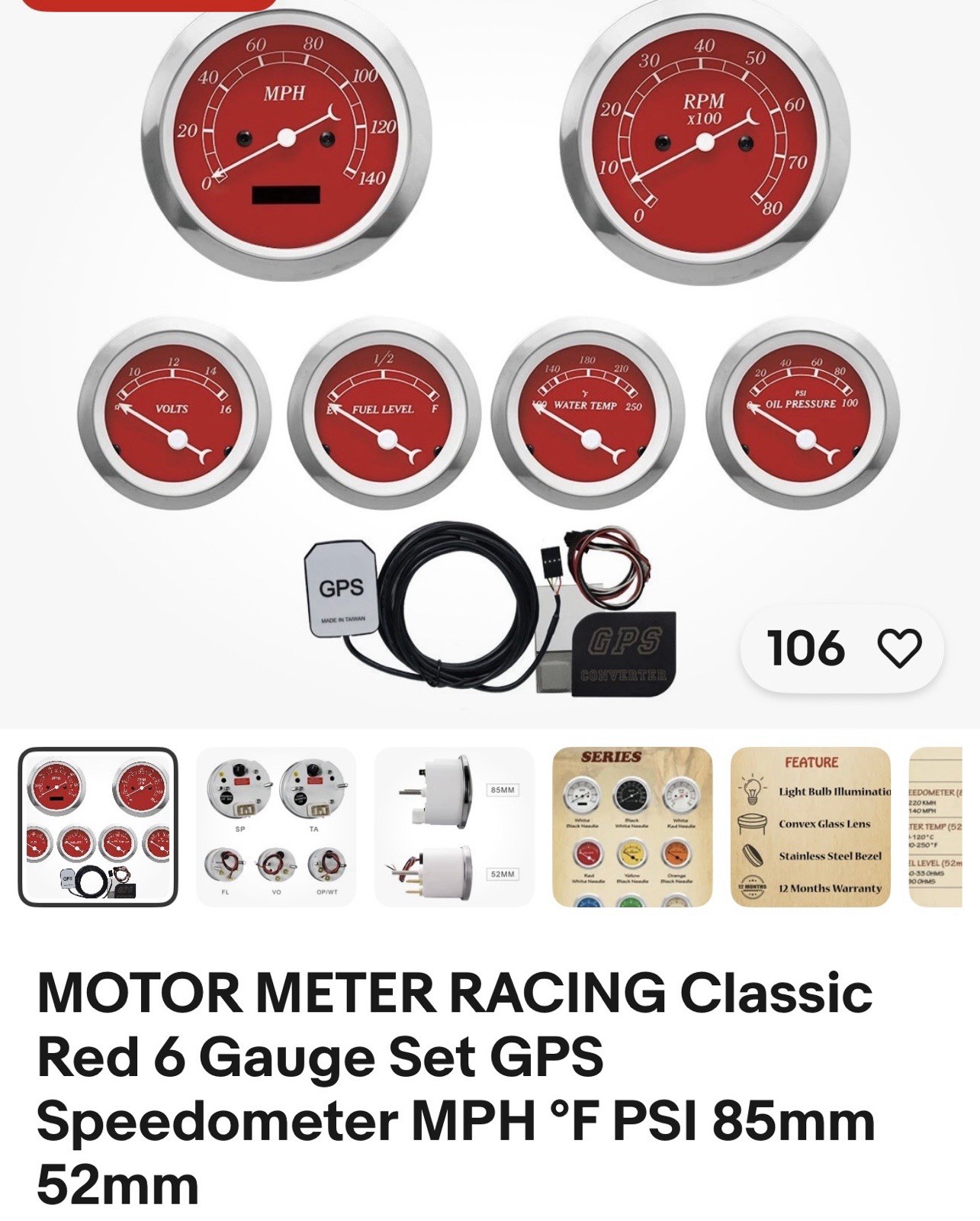MOTOR METER RACING Classic Red 6 Gauge Set GPS Speedometer MPH °F PSI 85mm 52mm