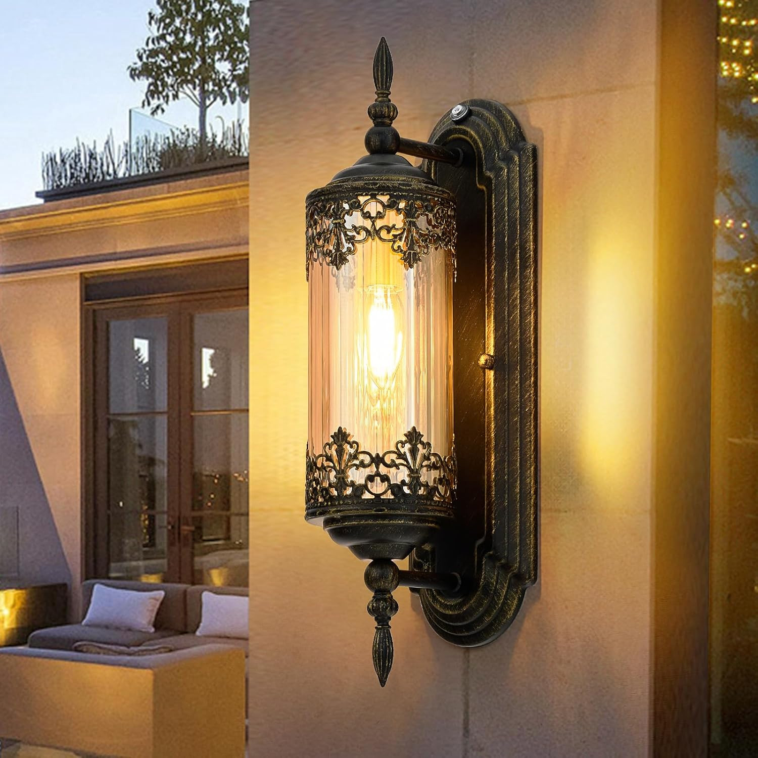 Vintage Rustic Outdoor Wall Sconce with Dusk to Dawn Sensor - Waterproof Lantern
