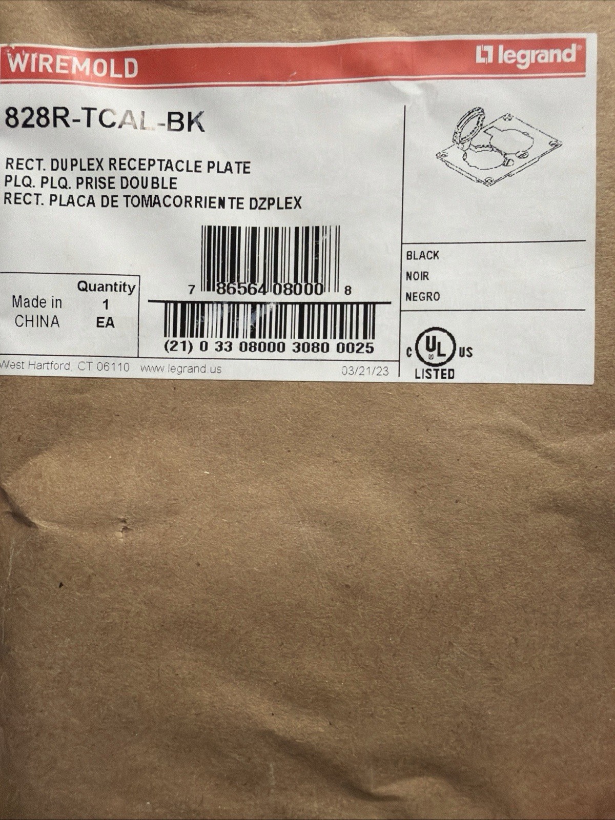 Legrand Wiremold Receptacle Duplex Rectangular Plate Black Finish 828R-TCAL-BK