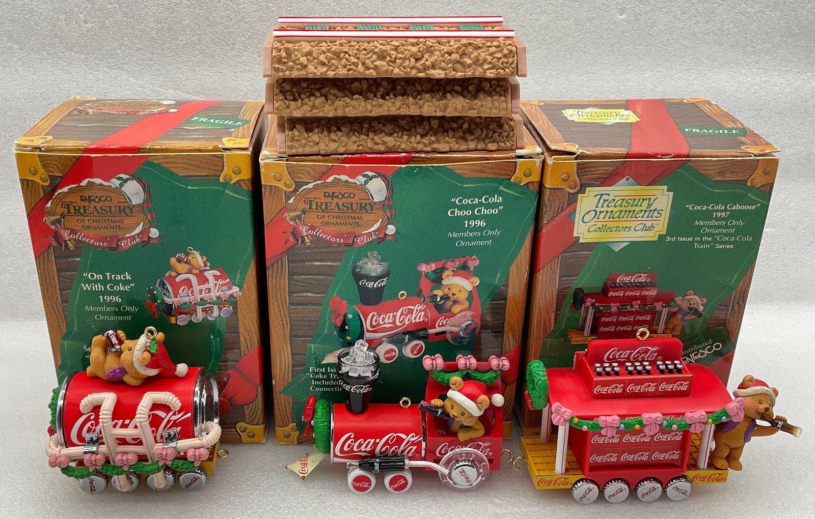 1996 & 1997 Enesco Treasury Coca-Cola Christmas Train Ornaments - Lot of 3