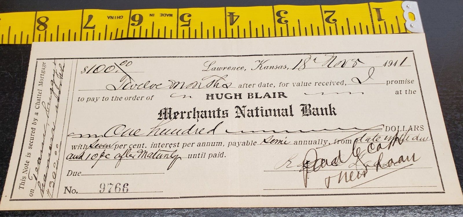 1911 Bank Note - Merchants National Bank - Lawrence Kansas - Chattel Mortgage 1911 Bank Note - Merchants National Bank - Lawrence Kansas - Chattel Mortgage