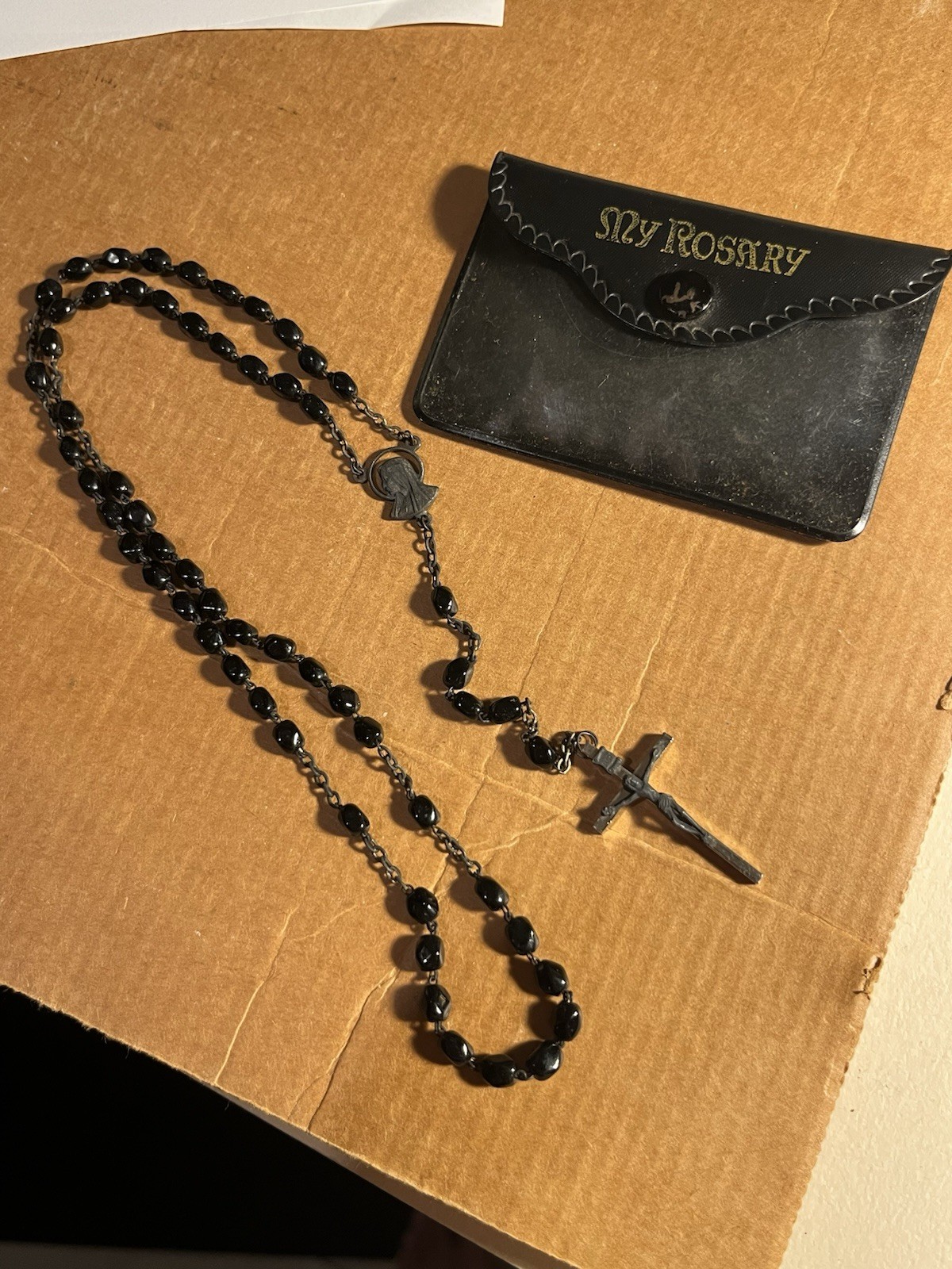 Vintage Catholic Rosary & Case Black Glass Beads Crucifix 16 Inch Italy Vintage Catholic Rosary & Case Black Glass Beads Crucifix 16 Inch Italy