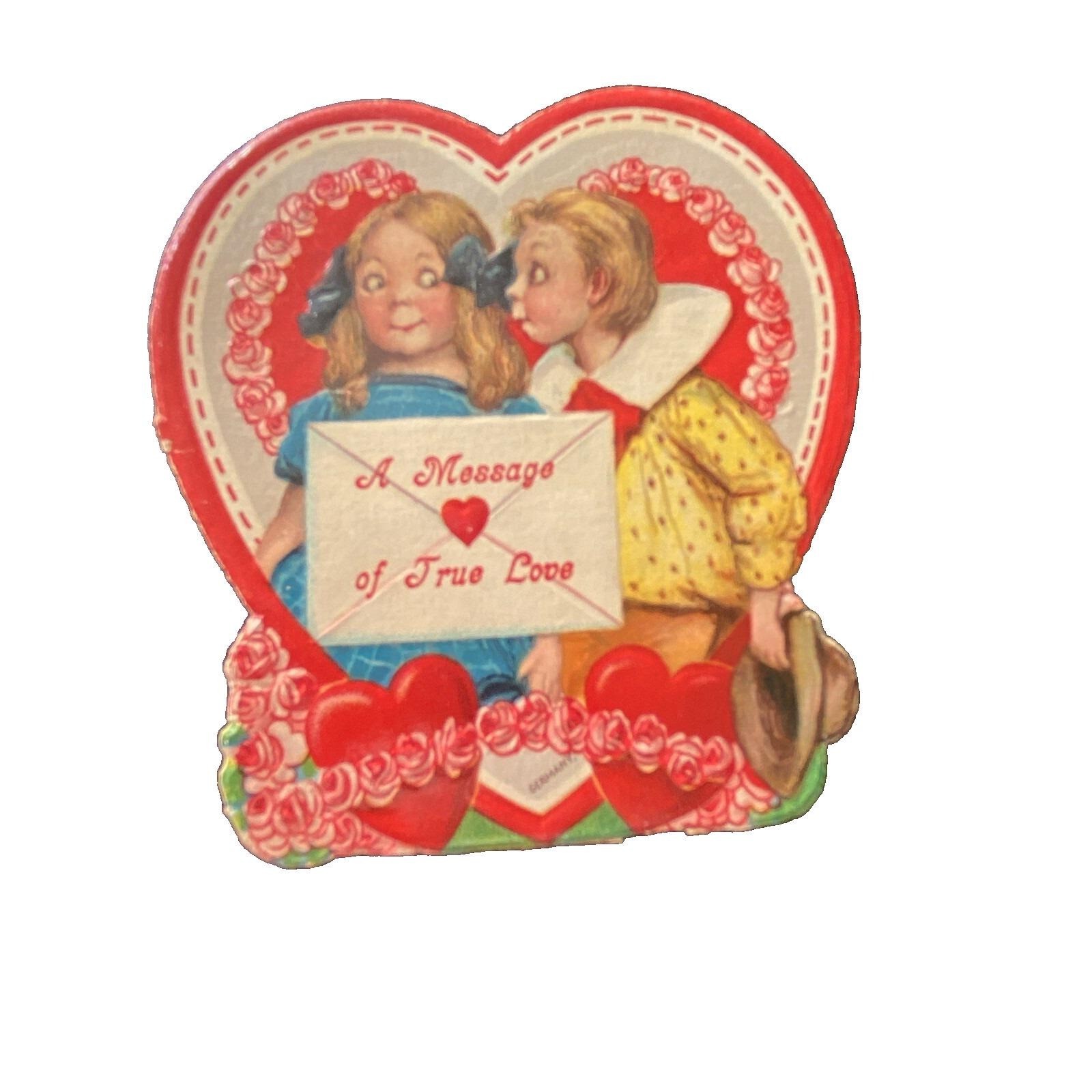 Antique Girl Valentine 3 1/2 In Germany Die Cut Boy Girl 1900s True Love Heart Antique Girl Valentine 3 1/2 In Germany Die Cut Boy Girl 1900s True Love Heart