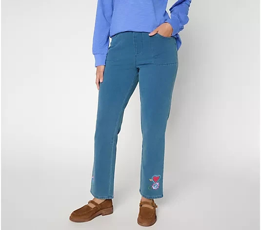 Quacker Factory Be Mine Regular Embroidered Slim Straight Pants NWT A718178