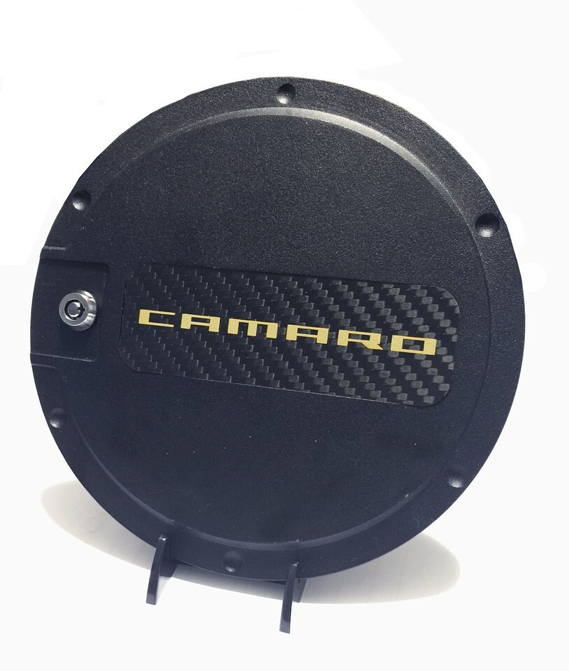 Chevrolet Camaro 2010-15 Billet Black Locking Fuel door with Yellow Camaro logo Chevrolet Camaro 2010-15 Billet Black Locking Fuel door with Yellow Camaro logo
