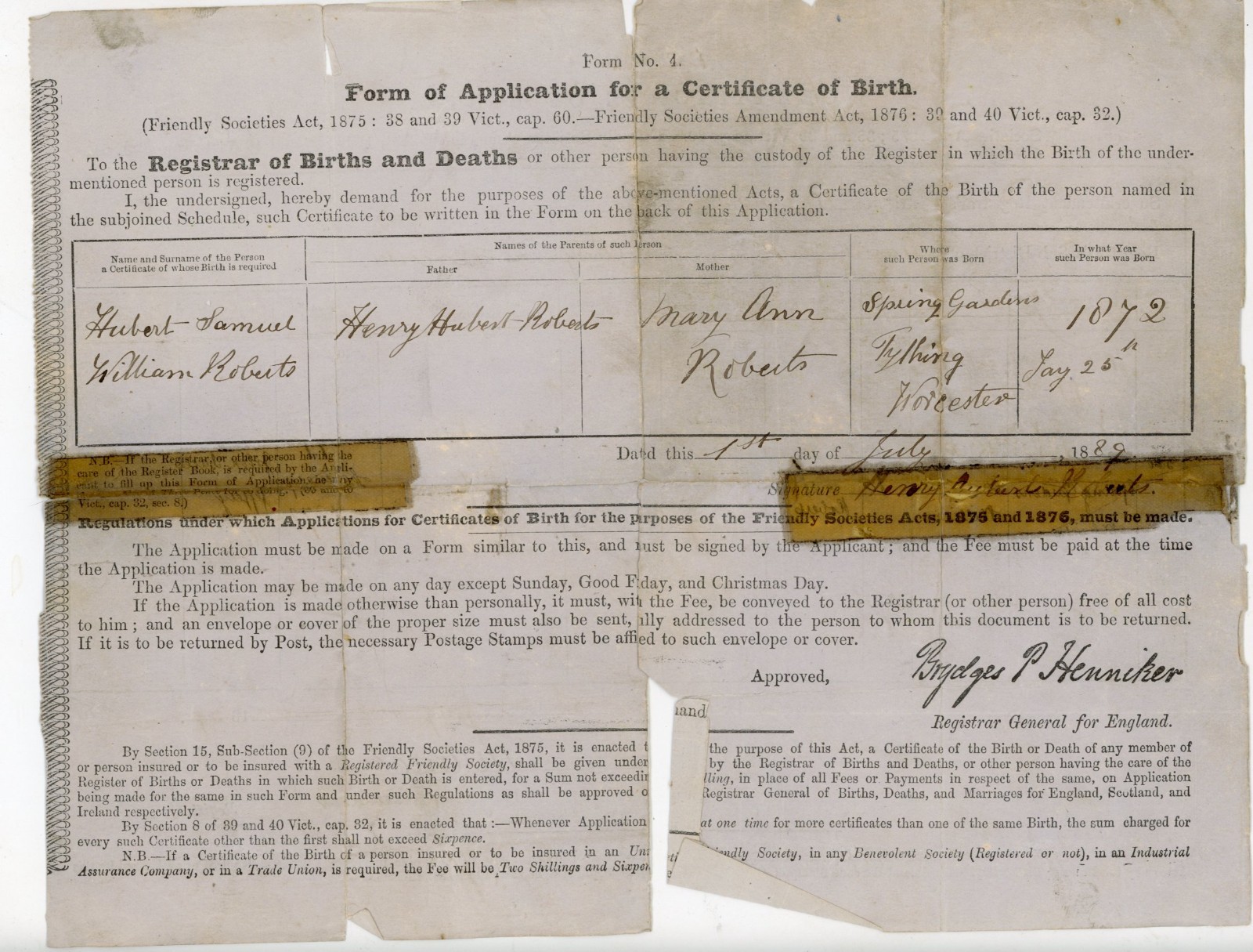 1889 English Birth Certificate Application issued under the Friendly Societies A