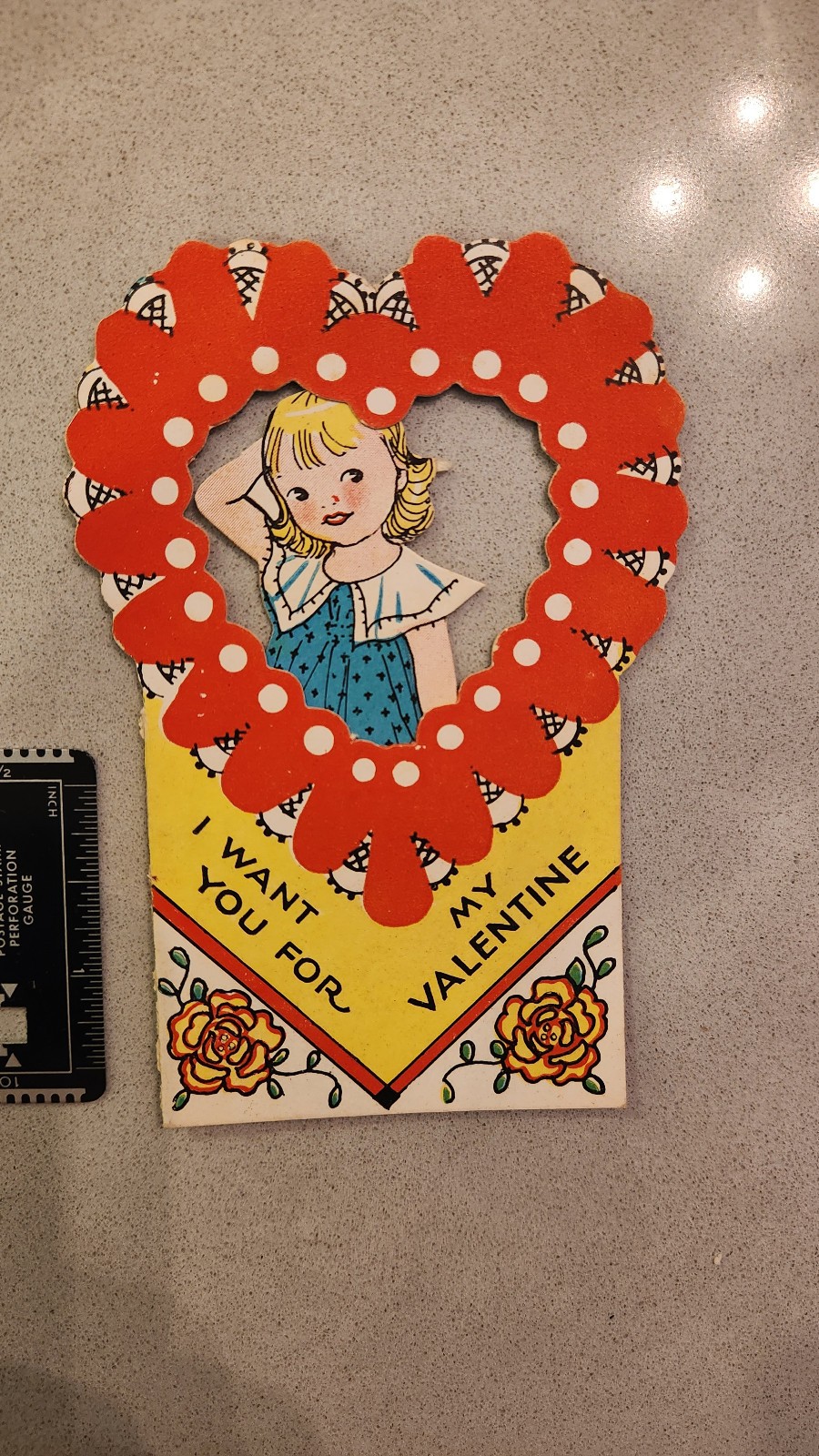 Vtg 1930s Mechanical 3D Pop Out Valentine Card Stand Up Girl Heart Window Roses