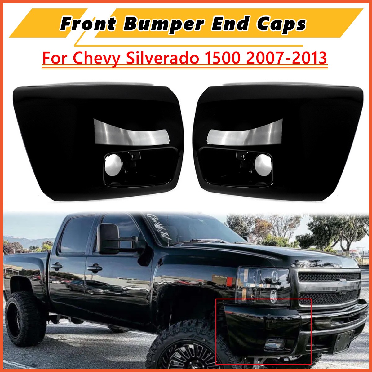 2x Gloss Black Front Bumper End Caps w/ Fog Light Hole For Silverado 1500 07-13