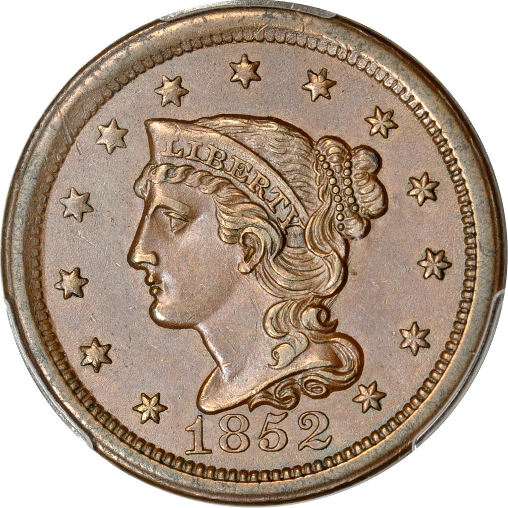 1852 1C Newcomb 11 Braided Hair Cent PCGS AU58BN (CAC)