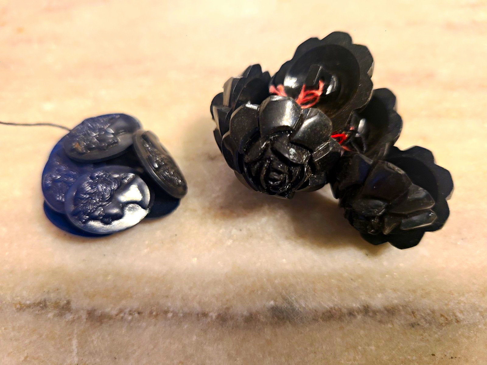 Antique Victorian Button Lot Tied Cameo Portrait & Black Molded 3D Floral Rose Antique Victorian Button Lot Tied Cameo Portrait & Black Molded 3D Floral Rose