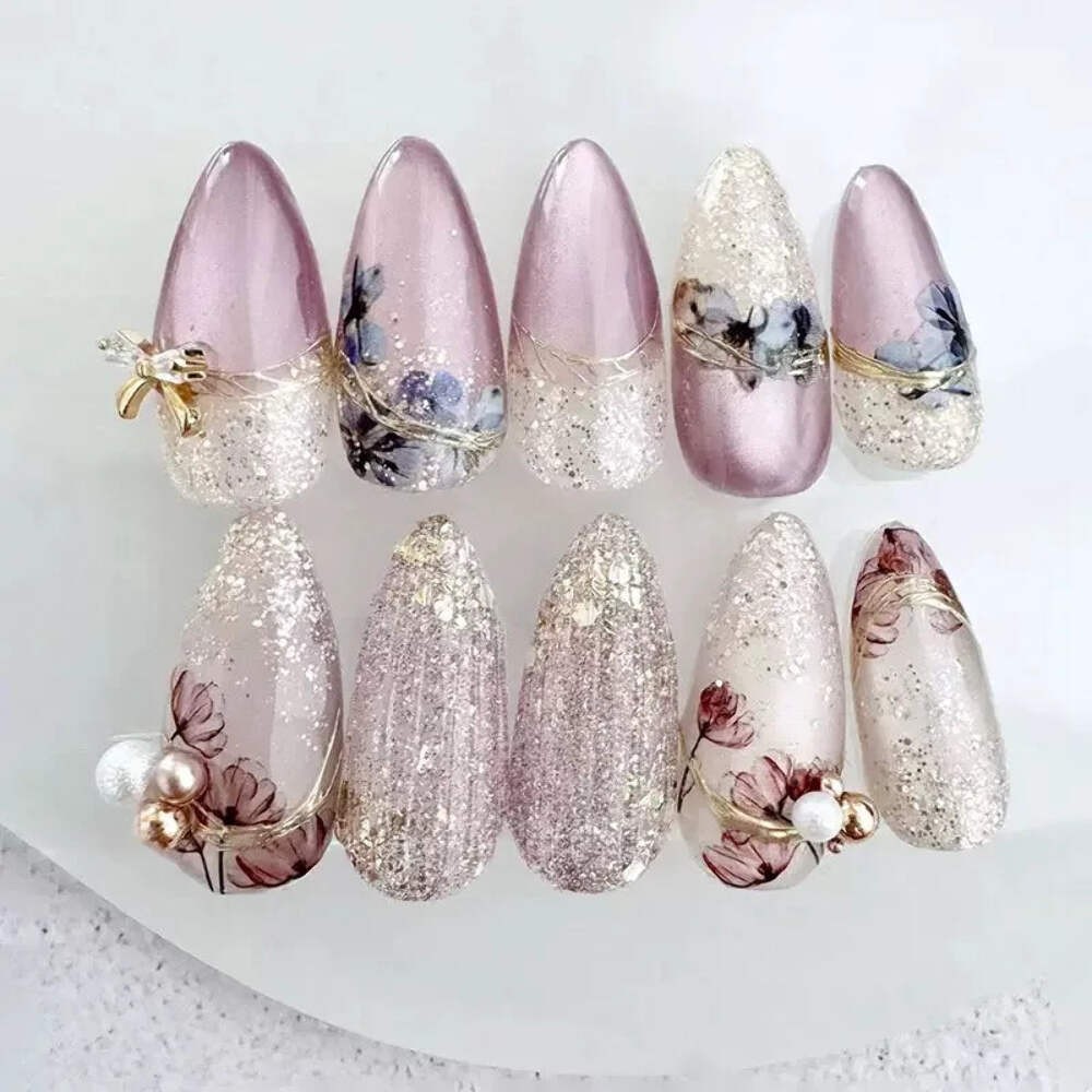 🌸 Elegant Glitter Floral Press-On Nails – 24Pcs Reusable Set