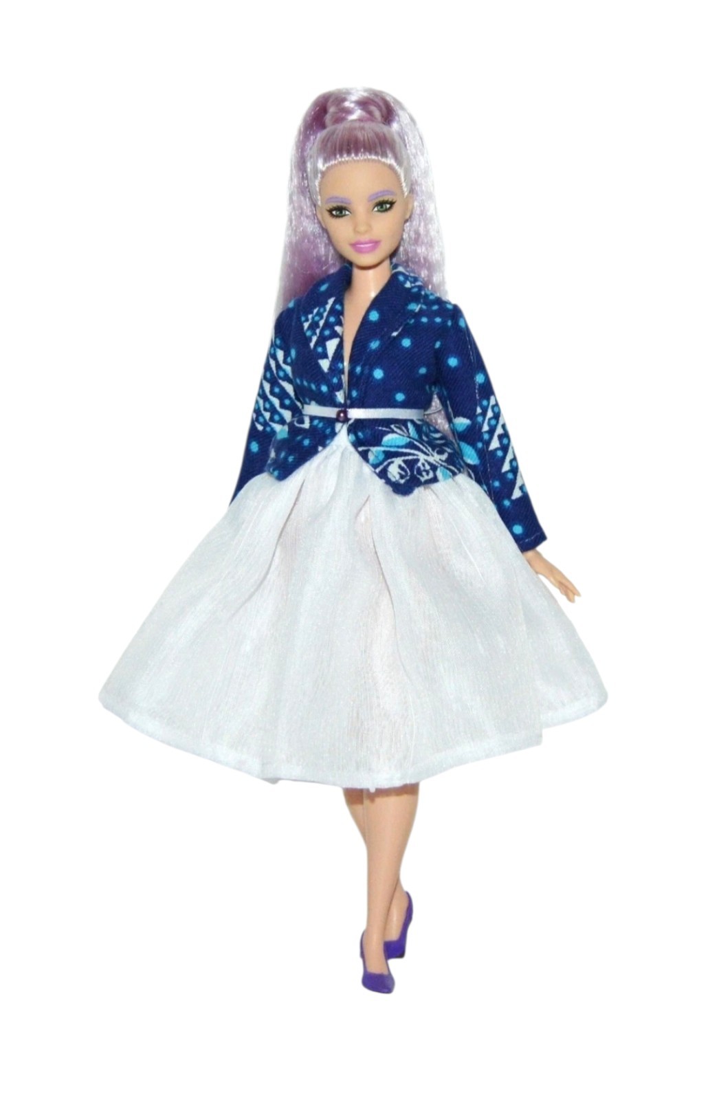 Chiffon white skirt for curvy doll 12 in, doll print  blue jacket 1/6, MTM doll