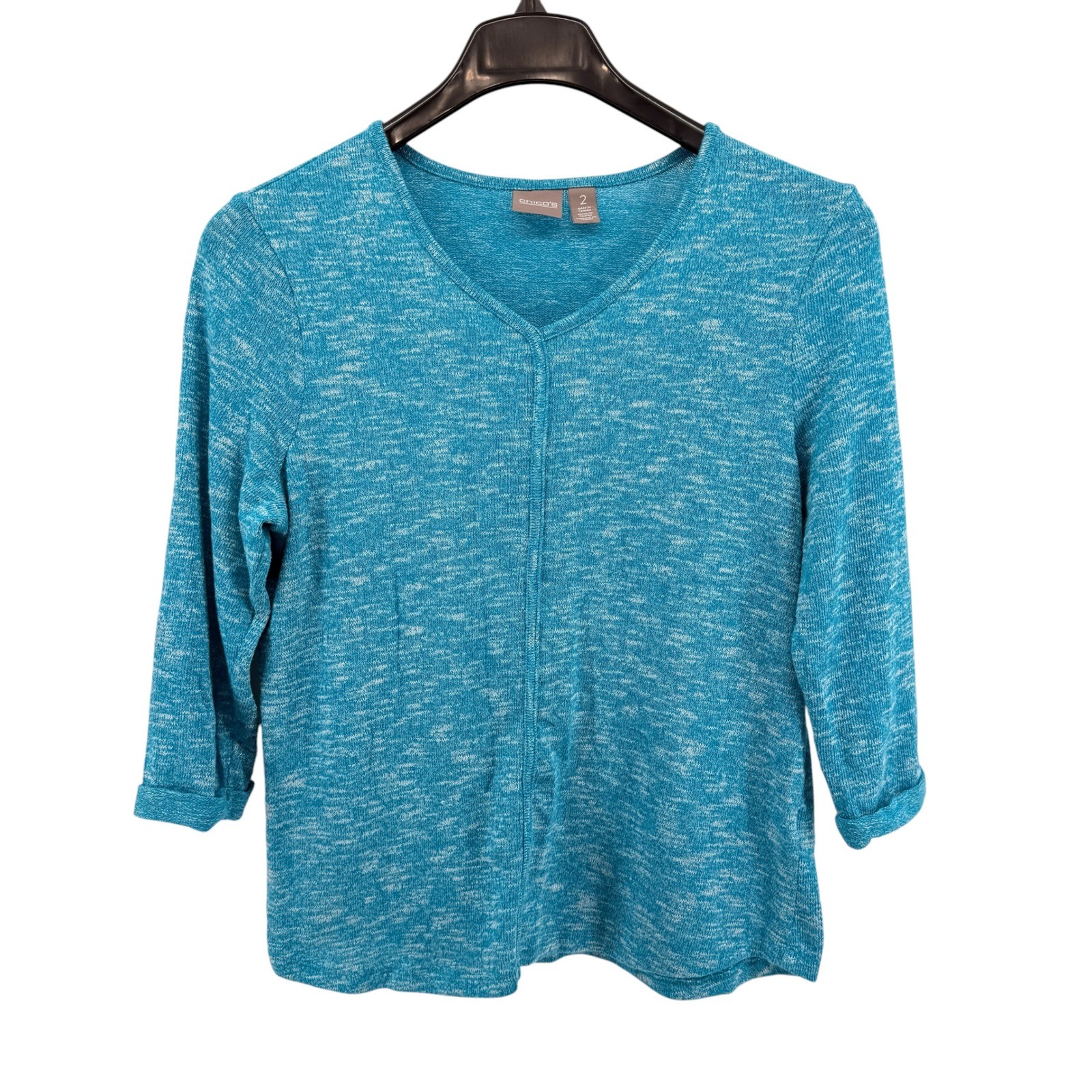 NEW Chico\'s Outlet Knit Top Womens 2/Large Blue Heathered V-Neck Pullover Casual