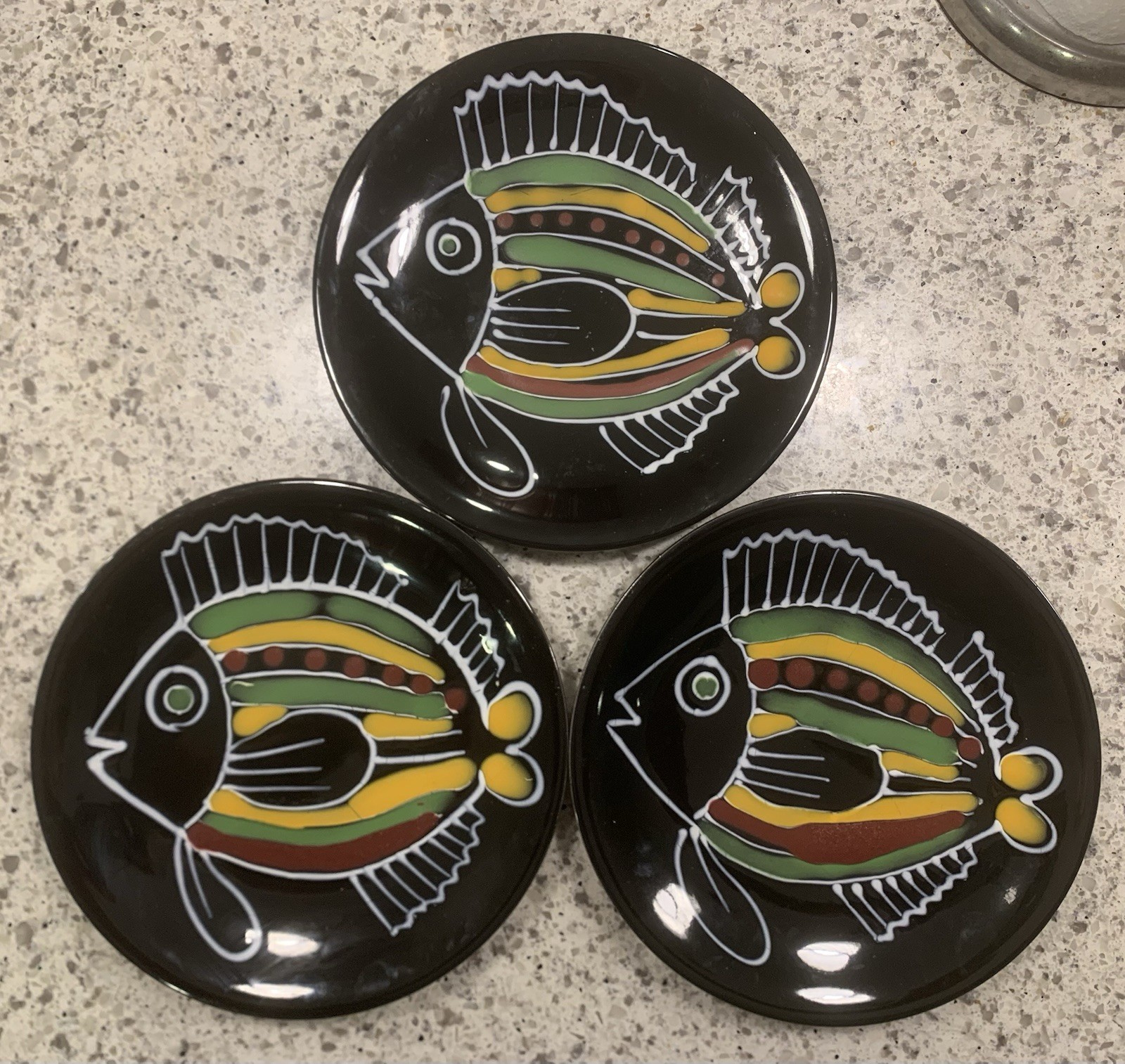3 Rare 9.25” French Hand Painted Robert Picault Fish Black Ceramic Dinner Plates 3 Rare 9.25” French Hand Painted Robert Picault Fish Black Ceramic Dinner Plates