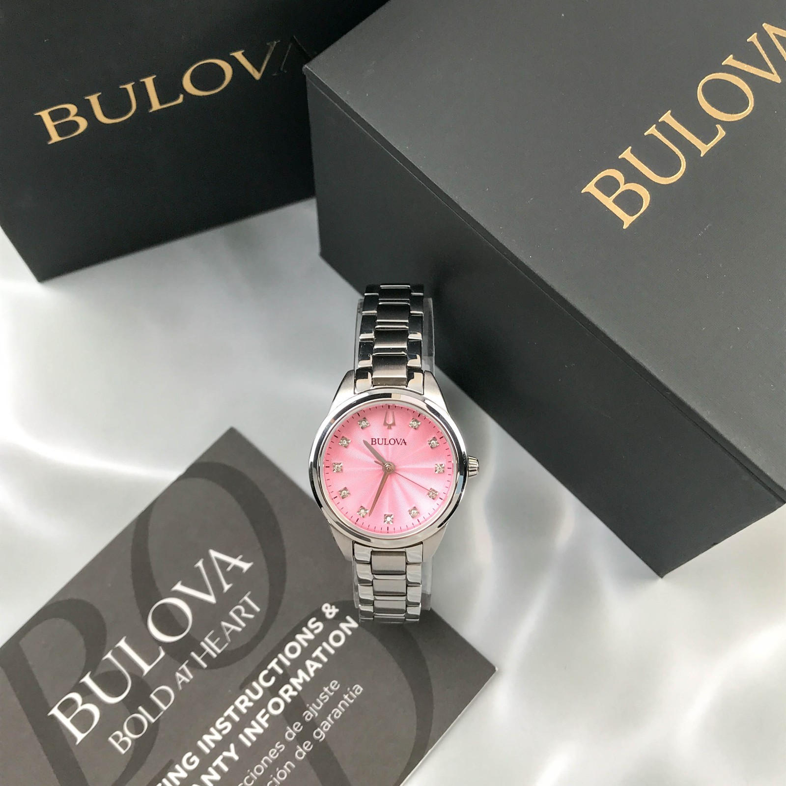 Bulova Classic 96P249 Sutton 11 Diamonds Pink Dial Women\'s Quartz Watch 28mm New