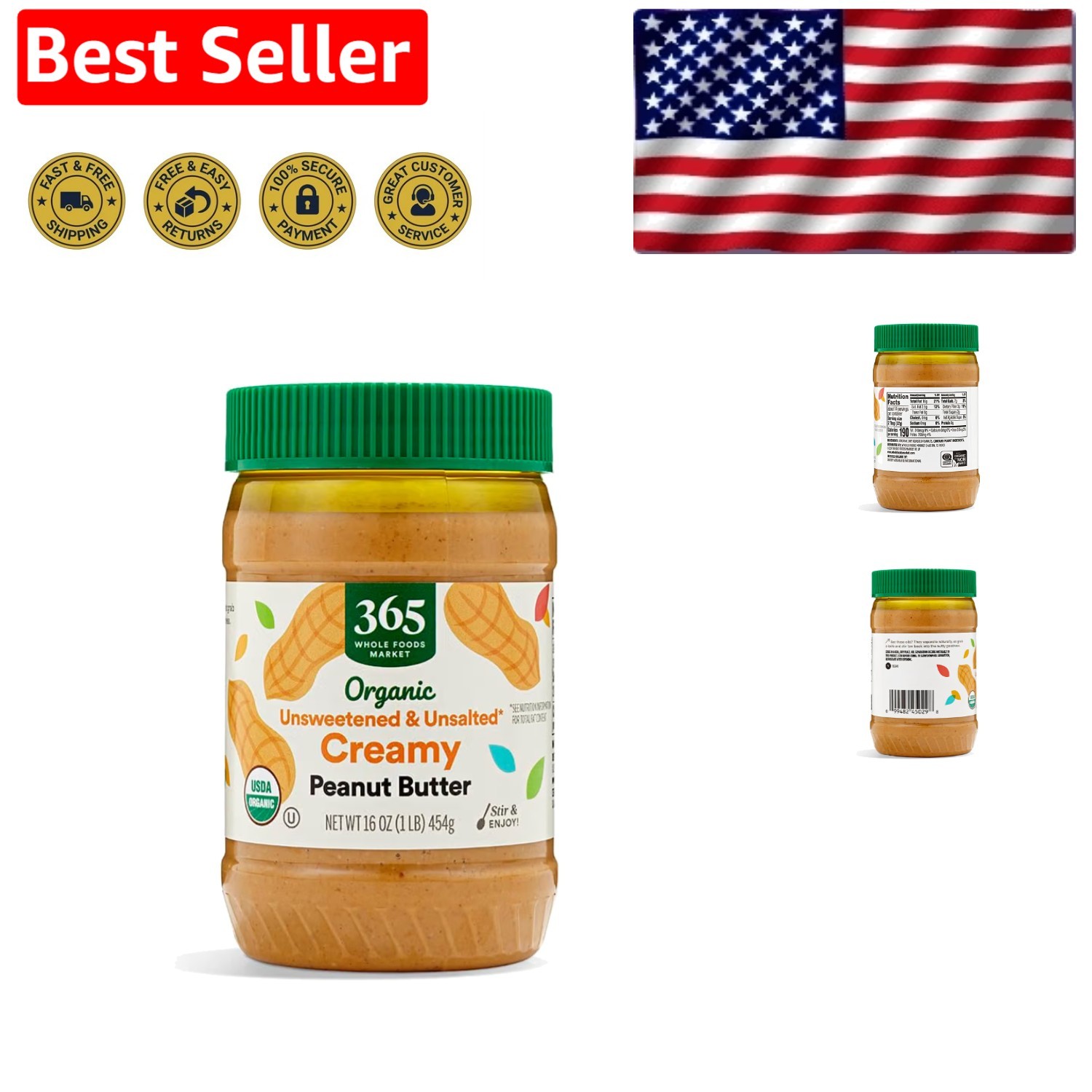 100% USA Peanuts - Organic, Unsweetened 16oz Creamy Peanut Butter for Recipes
