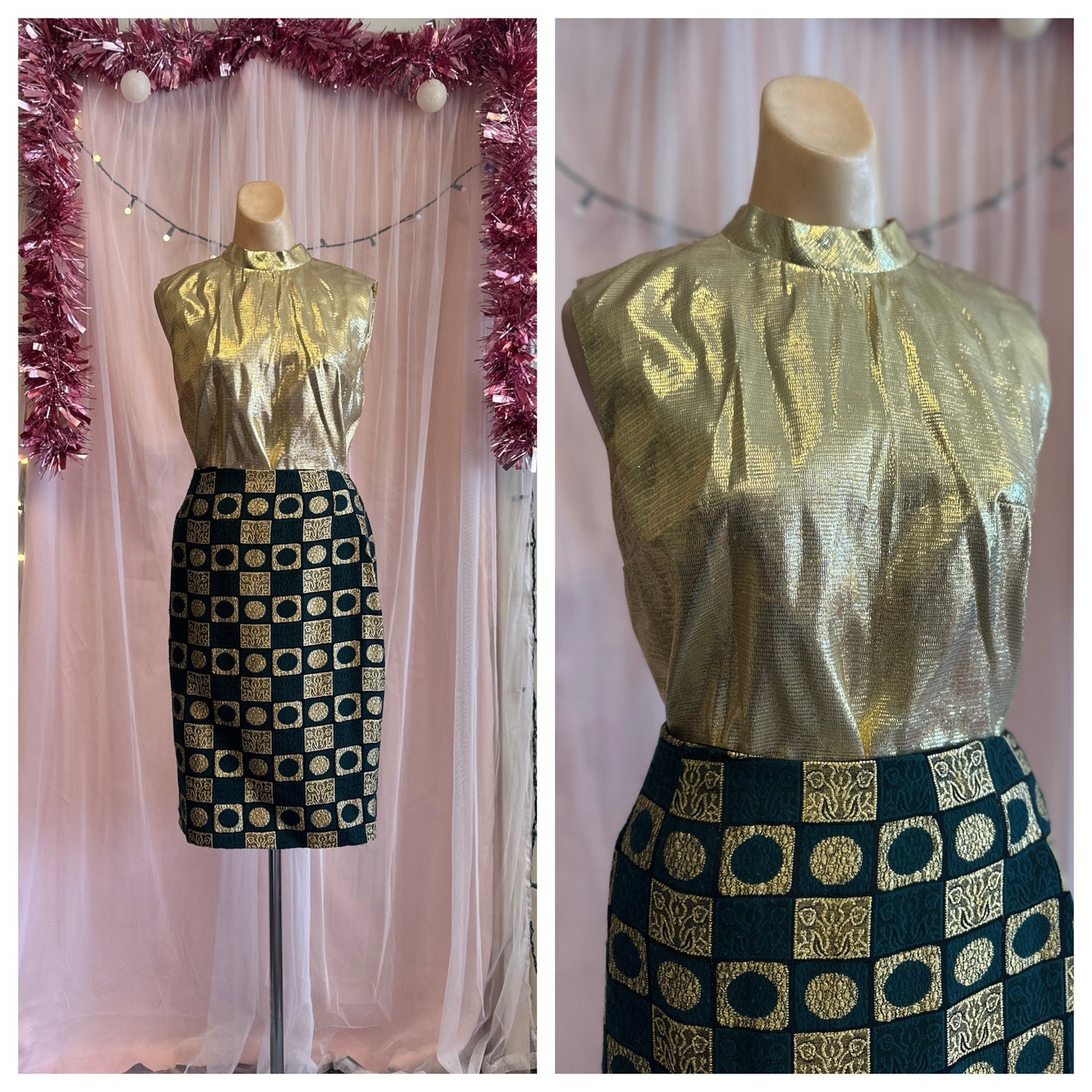 Vintage 60s Mini Dress Skirt Set Green Gold Lame Metallic Mod GoGo 2 pc XS/S
