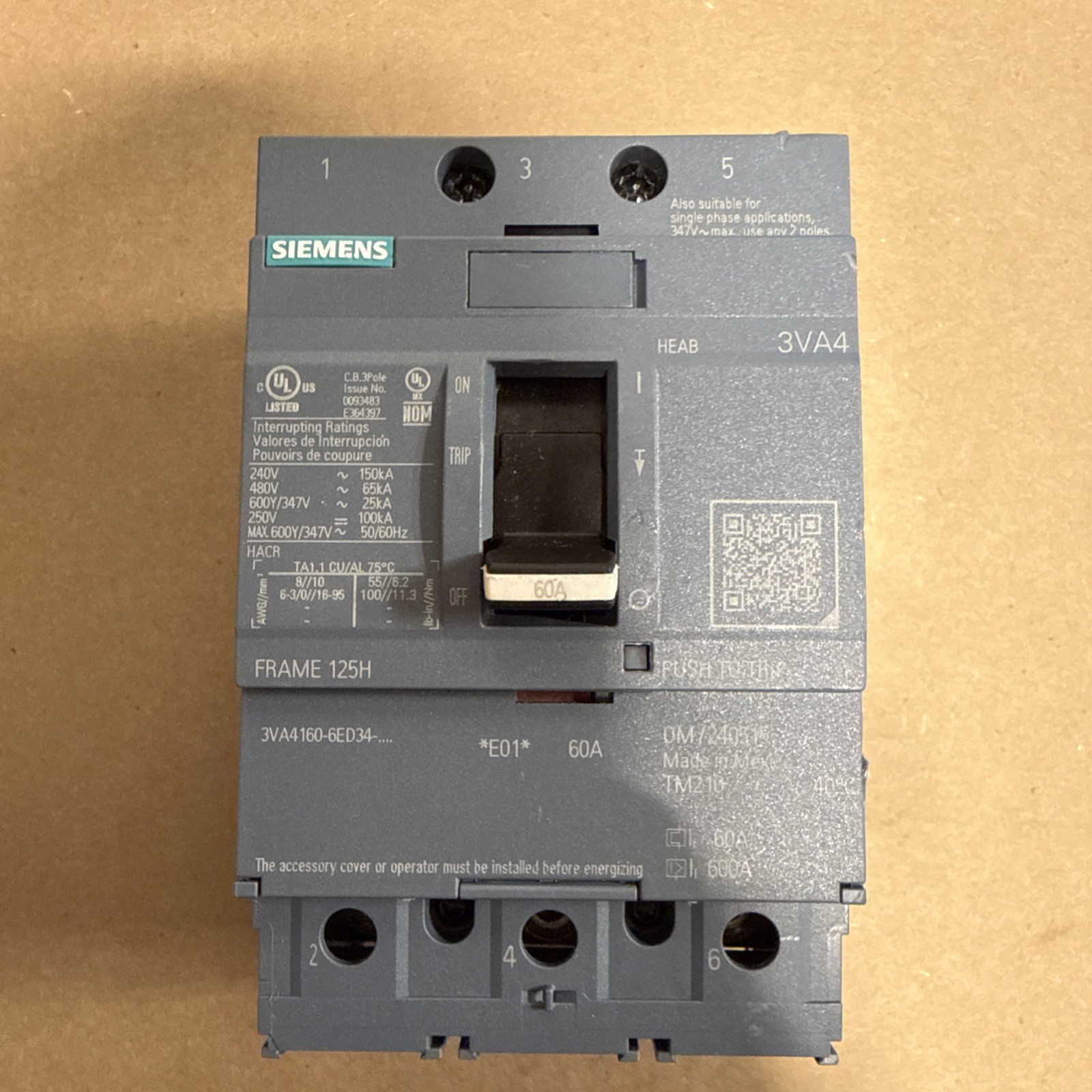 SIEMENS 3VA4160-6ED34-0AA0 Breaker 3VA41 3P 60A 65KA New Surplus