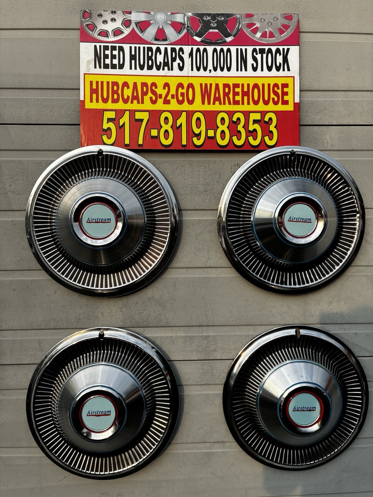 Airstream 15” Set 4 Hubcaps Full Wheel covers Used 1955-1982 Stainless Blue/red