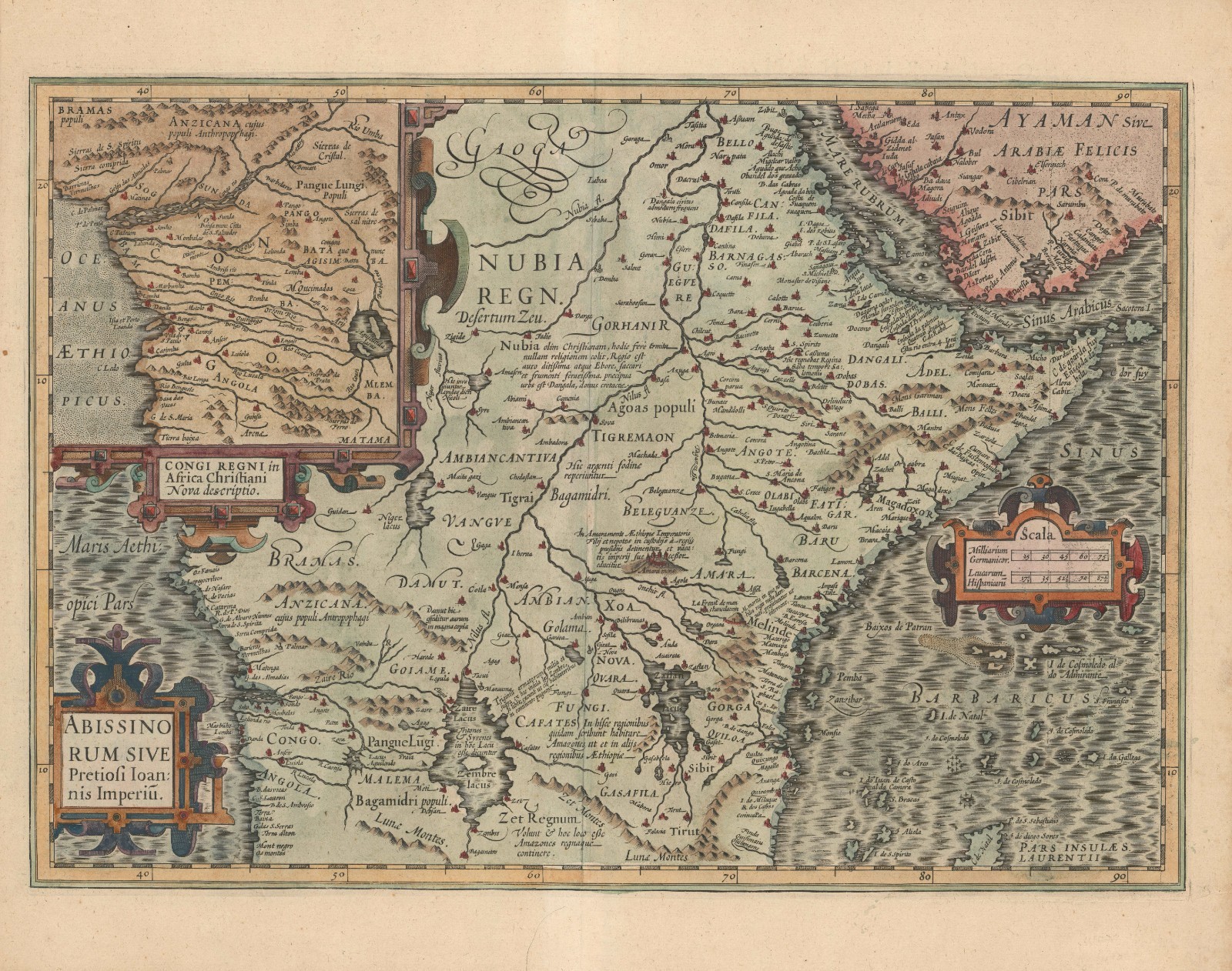 c. 1630 Mercator-Hondius Map of Central Africa/ Abissinorum, Congo, Prester John