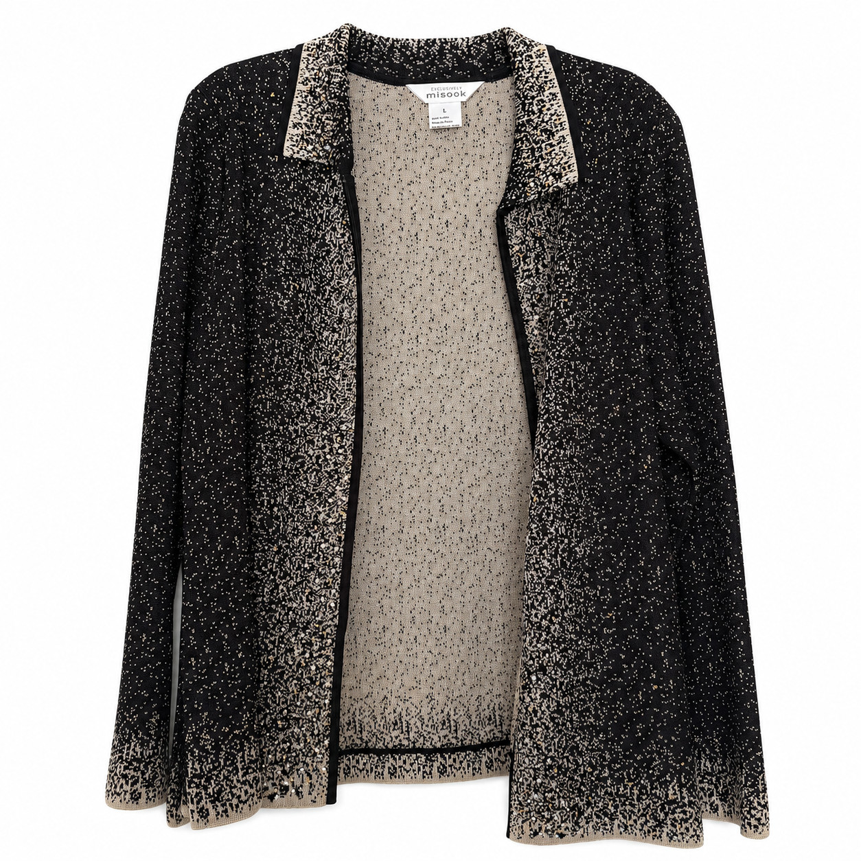 Misook Women\'s L Black Cream Ombre Speckled Knit Cardigan