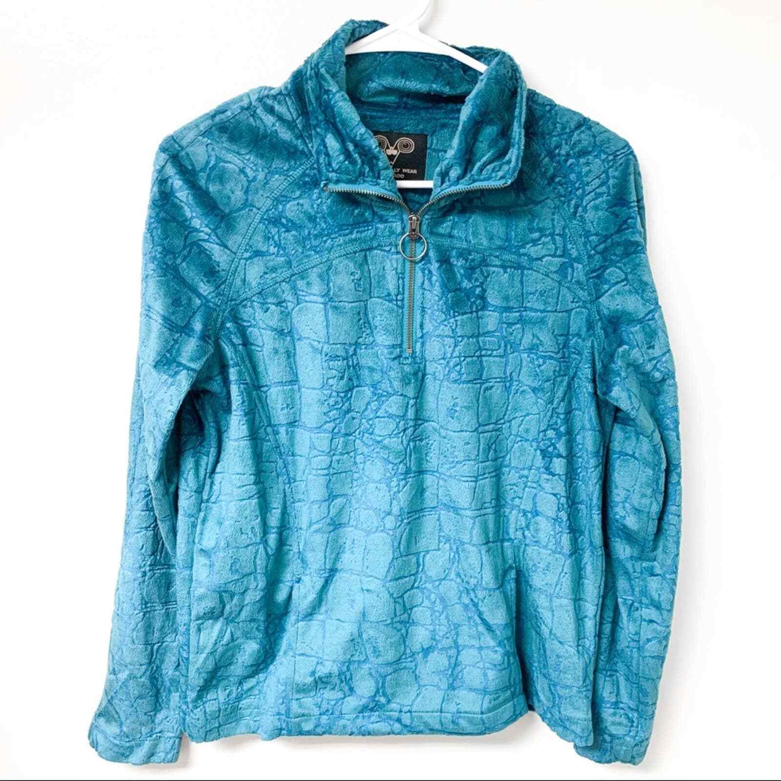 Wooly Bully Wear Teal Quarter Zip Soft Fuzzy Pattern Jacket Size Small