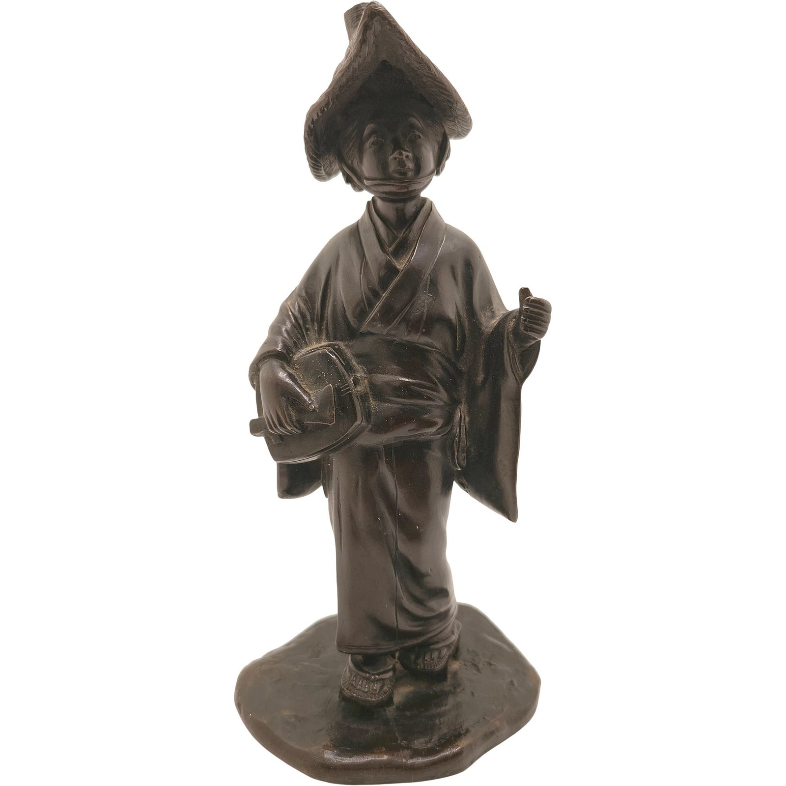 Antique Meiji Japanese Bronze Figurine Woman With Guitar 21cm 1.06kg
