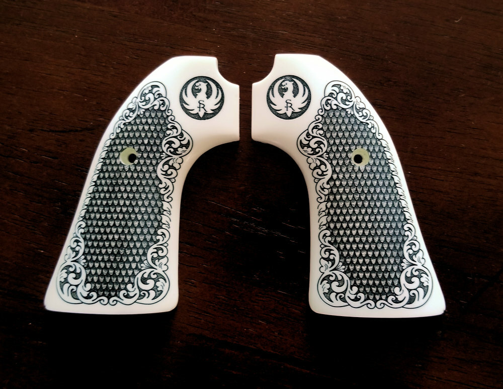 Ivory Ruger Bisley Vaquero Grips custom enfraved scrimshow Scroll Pattern