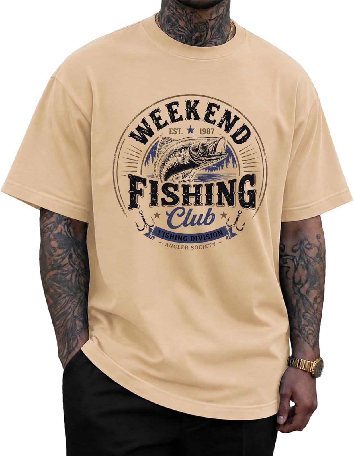 KUYIGO Men\'s Vintage Fishing Graphic Tee - 100% Cotton Crewneck Short Sleeve