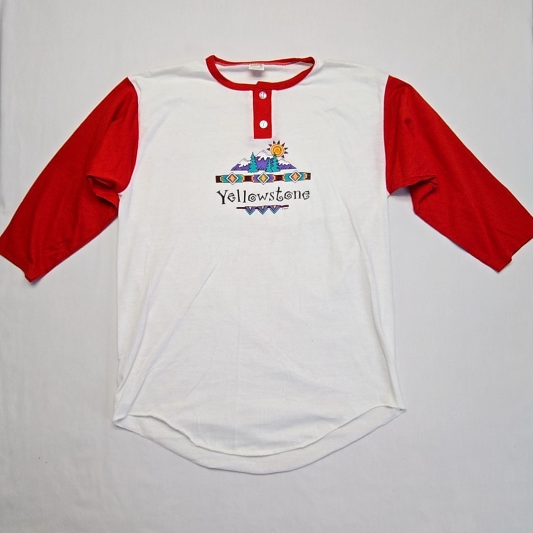 Vintage Yellowstone Graphic Henley Shirt 3/4 Long Sleeve Mens XL Slim Tee 80s