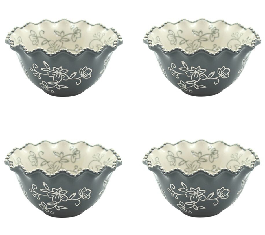 Temp-tations 4 pc Ramekins,8oz,Scalloped Round,Mini Bakers,Floral GRAY K406964