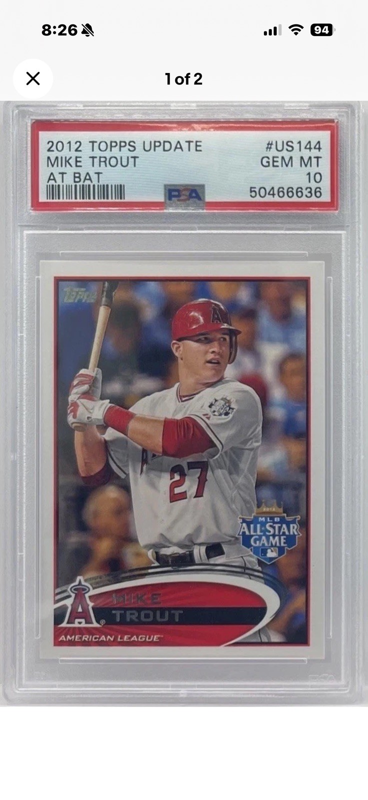 2012 Topps Update Mike Trout Angels All Star Game “At Bat” PSA 10