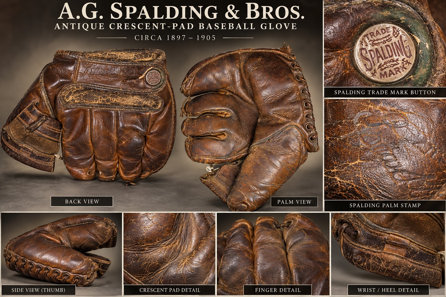 Antique Spalding Baseball Glove Crescent Pad c1897-1905 Early RHT Rare Vintage