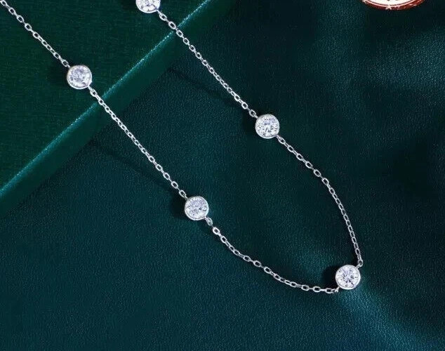 14k White Gold Round Natural Diamond By The Yard Bezel Station Necklace 18\ 14k White Gold Round Natural Diamond By The Yard Bezel Station Necklace 18\