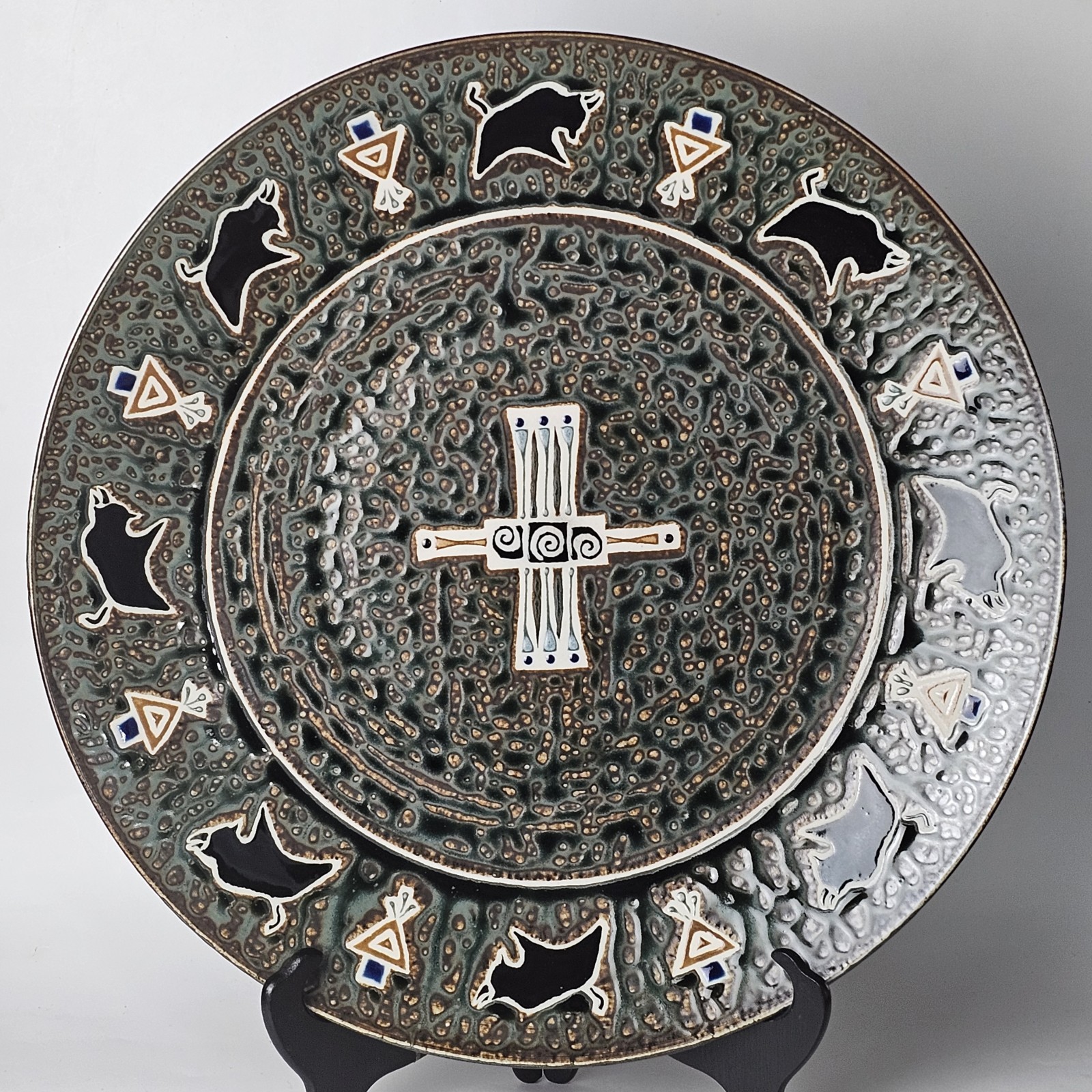 Signed Folk Art Studio Pottery Wax Resist Salt Glaze Buffalo Plate 17\
