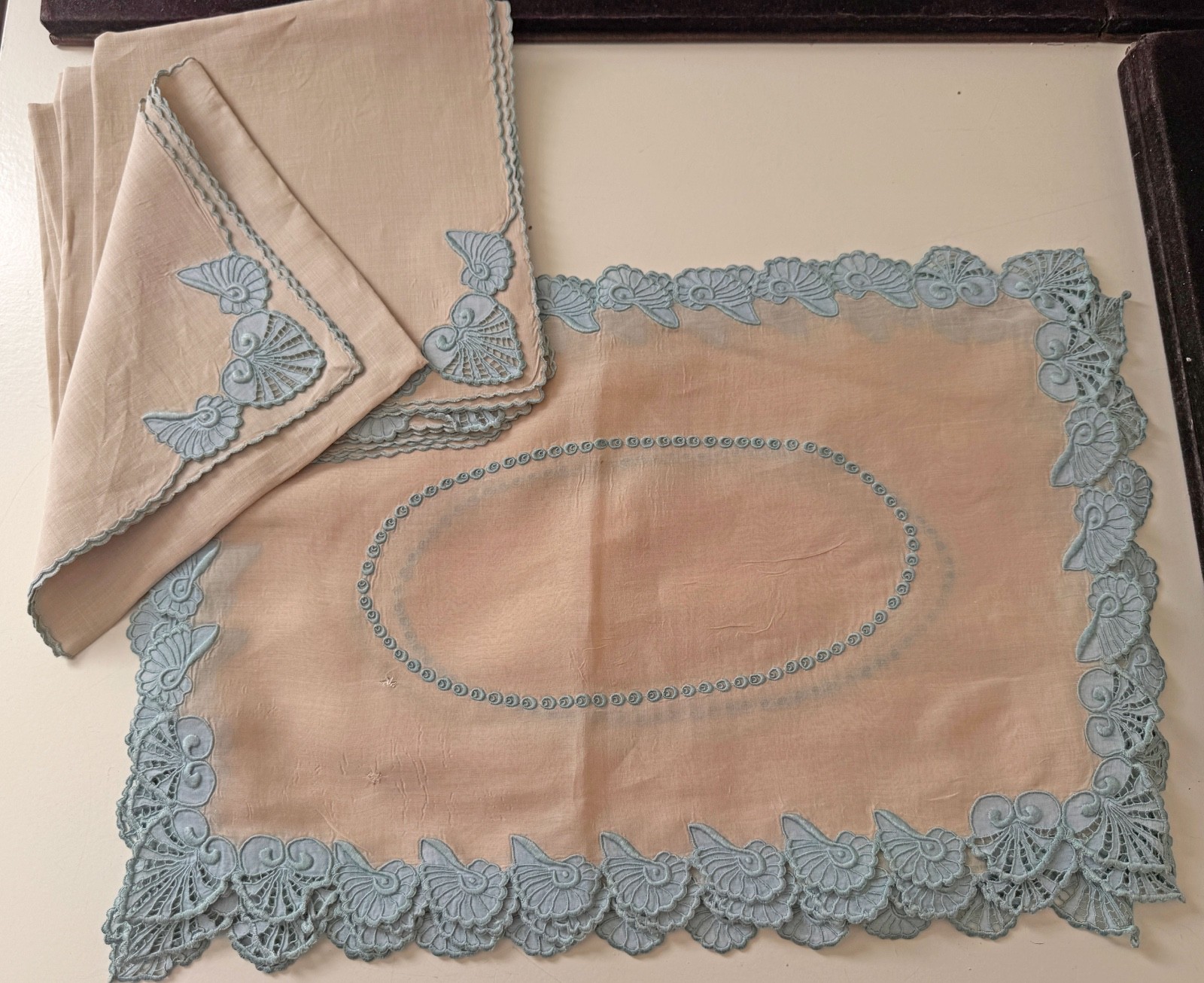 “Shell”  Blush & Blue Vintage Marghab 12 Piece Organdy Placemat Set for 6 -ZZ862