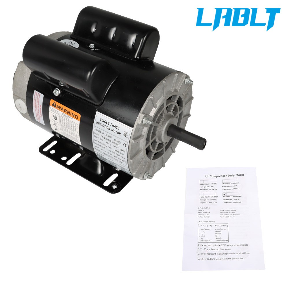 LABLT 3HP SPL Air Compressor Electric Motor 3450RPM 56Frame 1Phase 115/230v 5/8