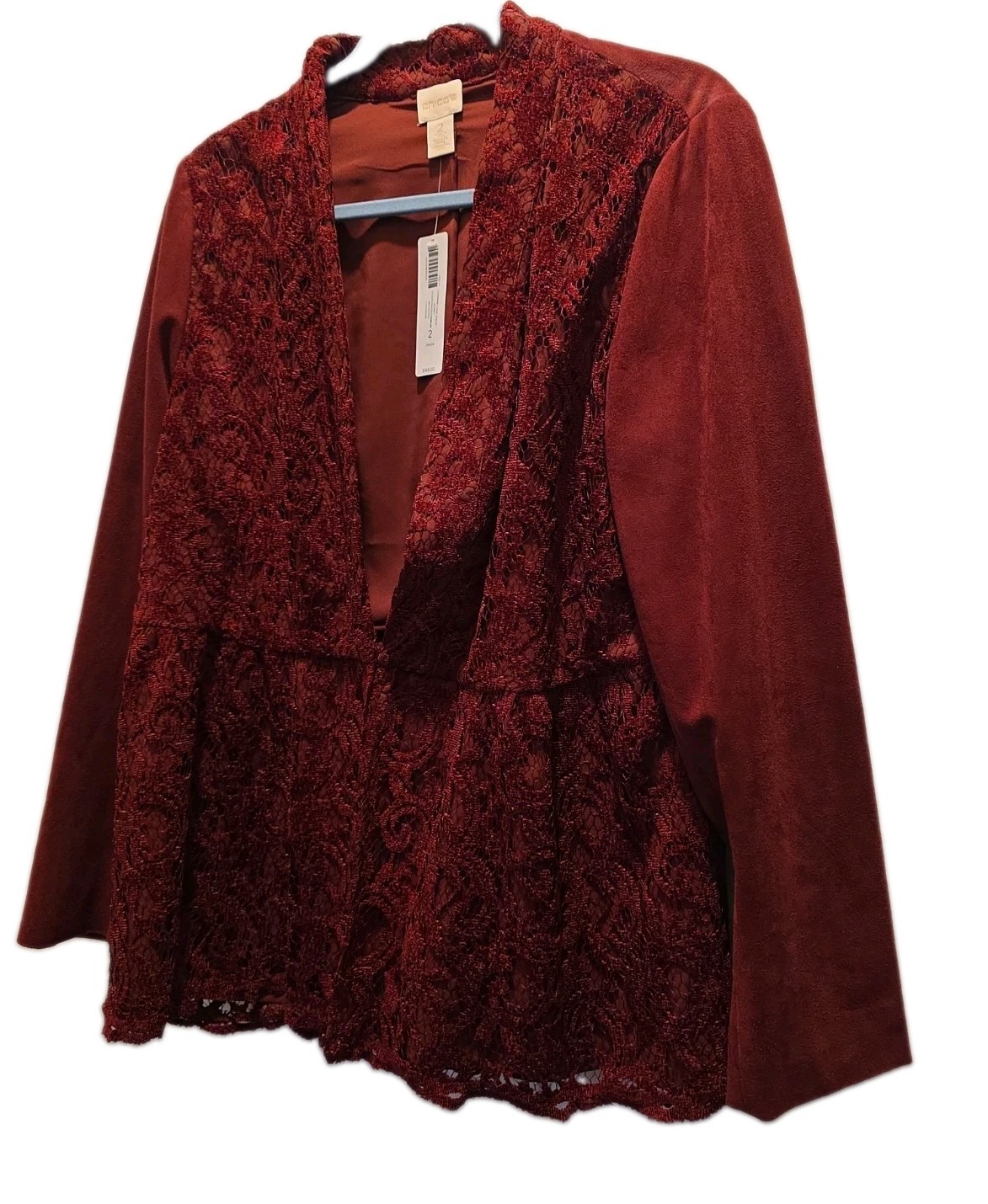 Chicos Lace & Faux Suede Jacket Chico\'s Size 2 Burgundy Feminine NWT Chicos Lace & Faux Suede Jacket Chico\'s Size 2 Burgundy Feminine NWT